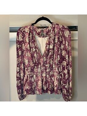 Anthropologie Somerset Chiffon Blouse – Burgundy Floral Peplum Long Sleeve Top